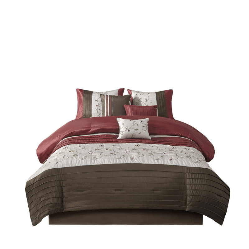 Ensemble d'édredon pour grand lit brodé rouge élégant avec coussins et taies décoratives 7 pièces Elegant
