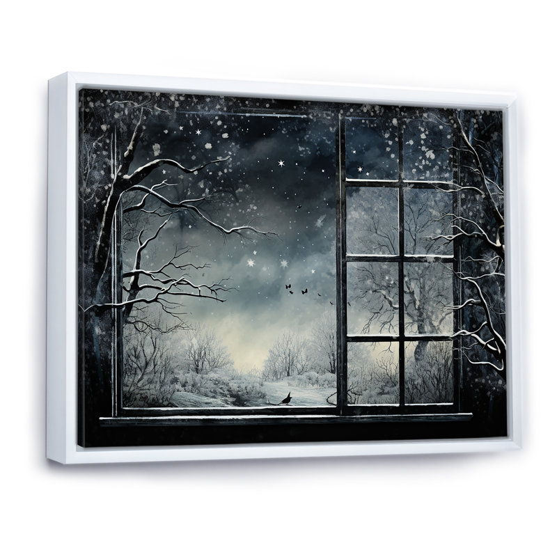 «Midnight Gothic Winter Window View II - Winter Landscape», art mural, Cadre flottant blanc, H 34 po x l 44 po x P 1,5 po