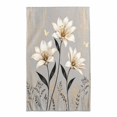 1Pcs Élégante serviette de plage à motif floral de lis, avec de délicats lys blancs et des accents dorés avec une touche de papillons fantaisistes. Grande microfibre pour la natation, les voyages, les activités de plein air, unisexe.