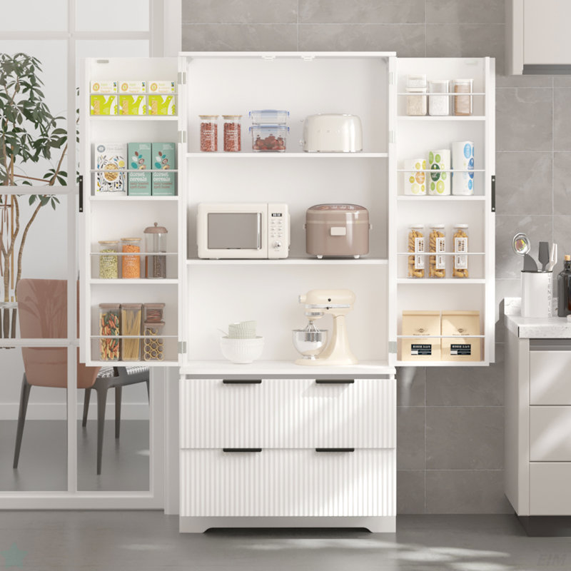 72" Modern Fluted Kitchen Pantry Cabinet With 2 Large Drawers & 8-Door Spice Rack, Freestanding Storage Organizer For Bathroom, Dining Room, Office, Entryway