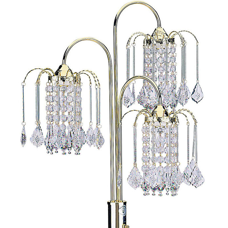 Lampe de table 34 po en métal avec finition laiton, 3 lustres en cristal