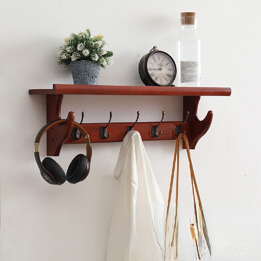 2 Piece Rubberwood Accent Shelf with Hooks