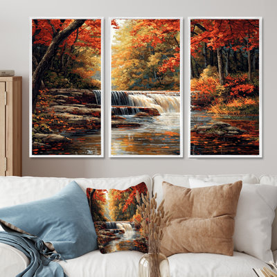 Orange Autumn Mountain Waterfall Long View III - Waterfall Wall Art Print Set