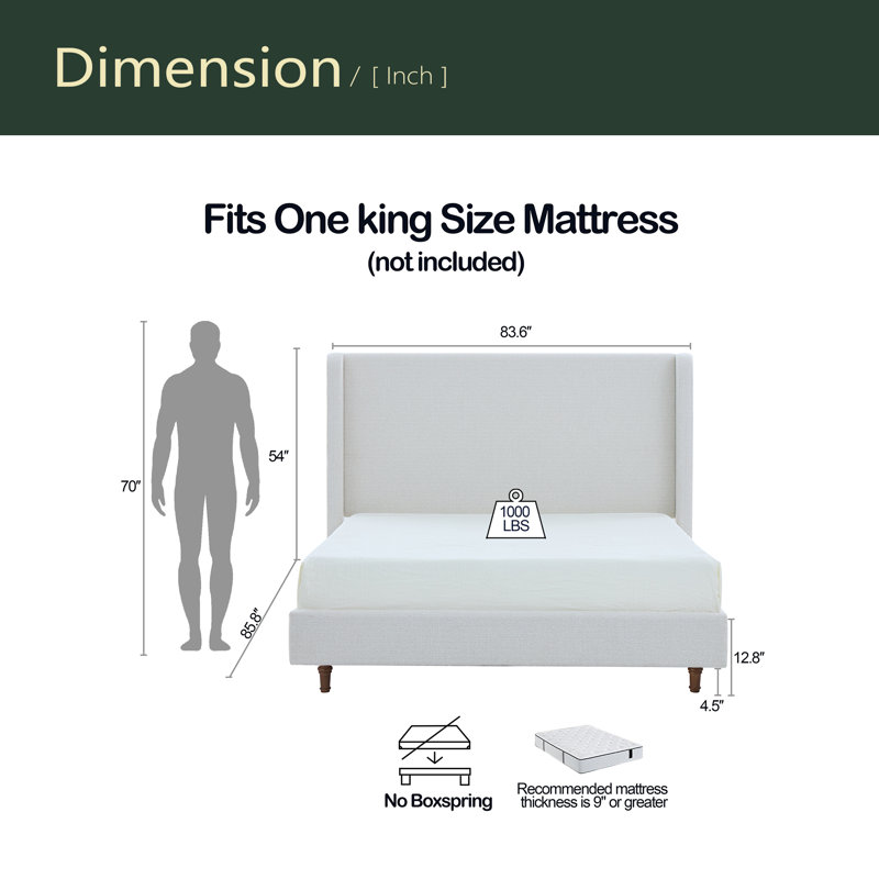 Harper Tall Headboard Upholstered Bed / 54" High Headboard / Elegant Simplicity / No Box Spring Needed / Easy Assembly, King