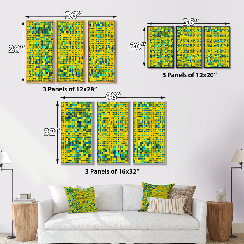 Pixel jaune clair bleu cubes - 3 pièces, reproduction sur toile, Cadre noir, H 28 po x l 36 po x P 1 po