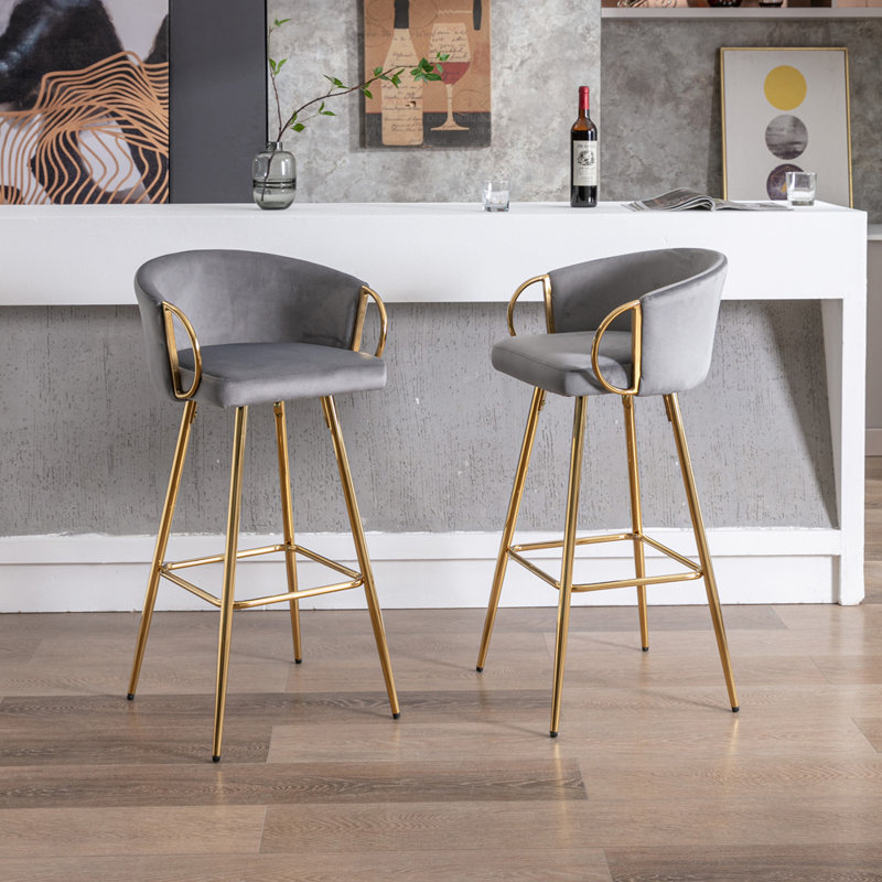 Ensemble de 2 tabourets de bar modernes, revêtement en velours avec pieds dorés et base chromée, tabouret à hauteur de comptoir de 30 pouces