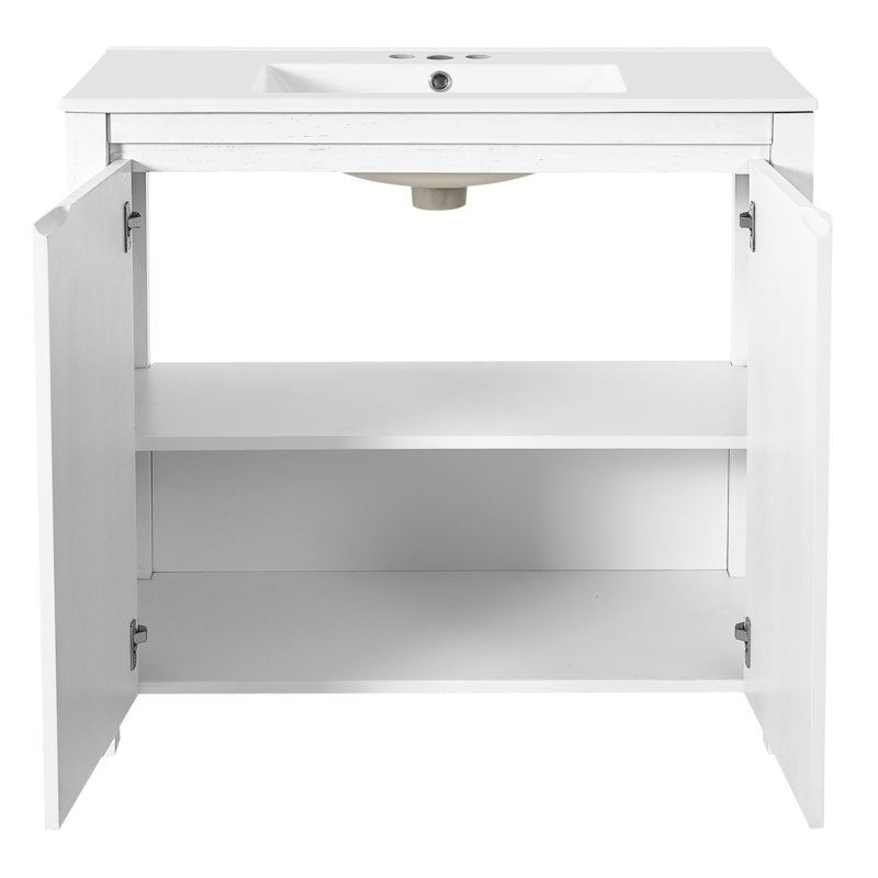 Meuble-lavabo de 36 po blanc antique avec lavabo en céramique, espace de rangement spacieux, attrait rustique et sensation de bon fonctionnement avec des compartiments spacieux, style rétro, processus d'assemblage simple
