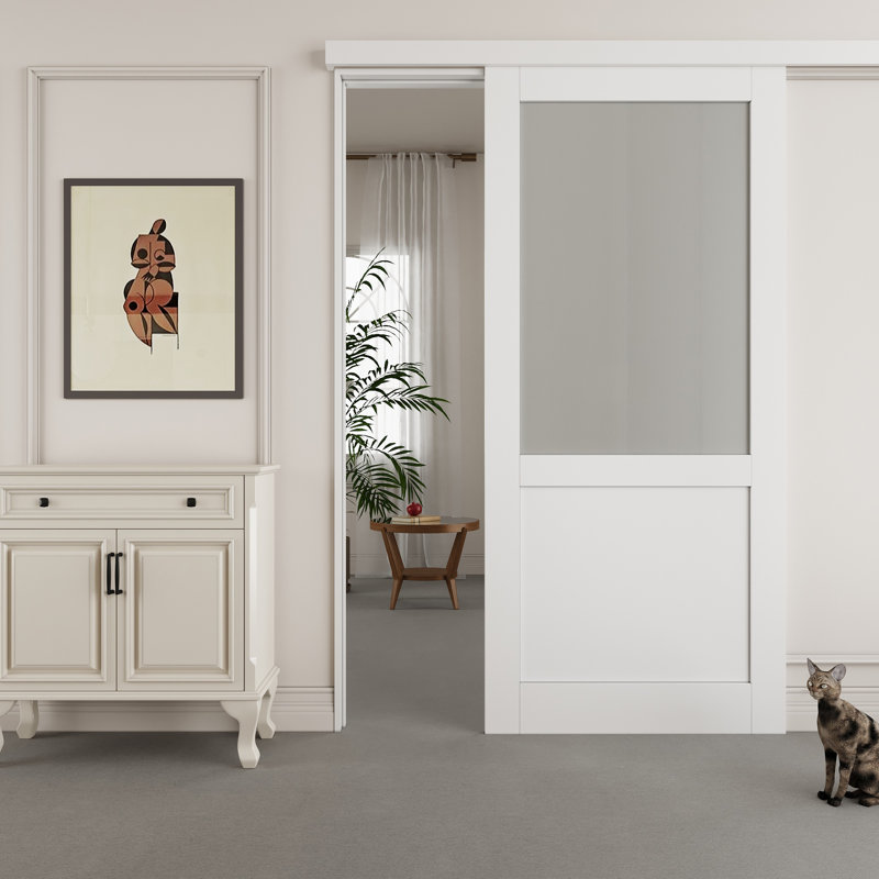 36 in. x 80 in. Frosted Glass White MDF Sliding Barn Door with Nickel Hardware