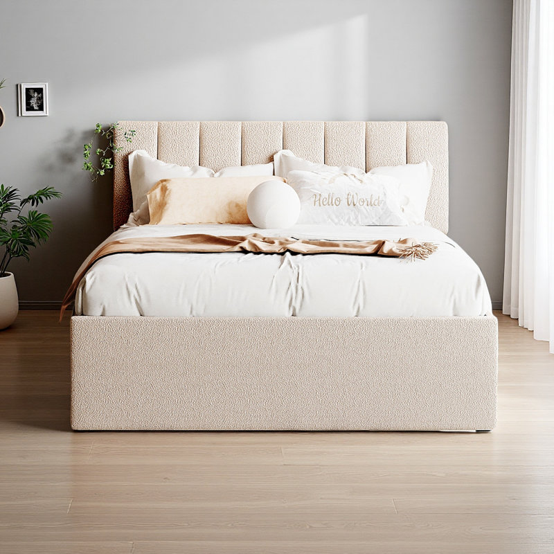 Teddy Fleece Upholstered Platform Bed, Full, Beige