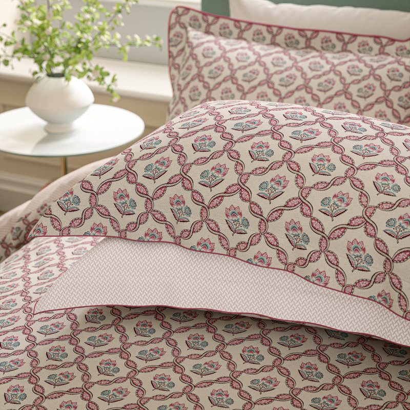Ribbon Lattice Cotton Floral Duvet Cover Set, Super King Duvet Cover + 2 Pillowcases