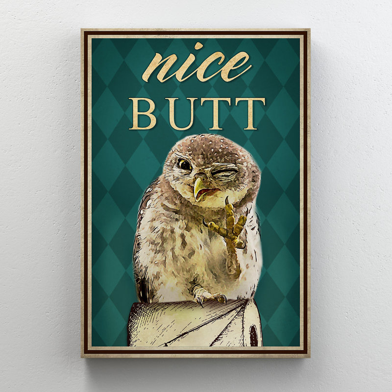 Hibou clin de œil - belle toile tendue avec toile tendue - décor d'illustrations animales de salle de bain et de lessive, brun et vert foncé, décor de salle de bain