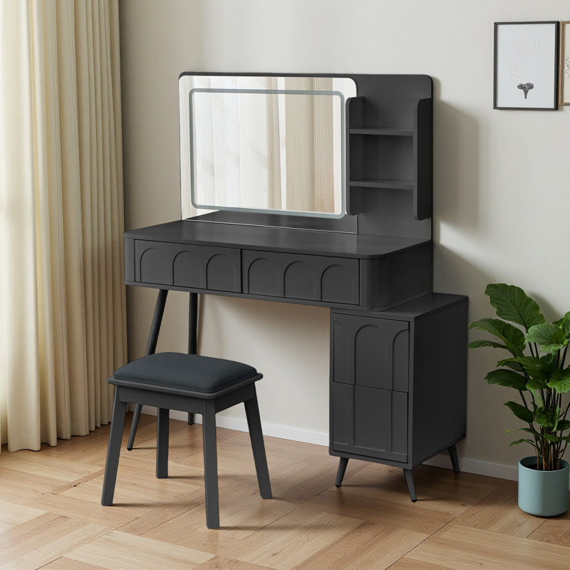 Modern Makeup Vanity Set with LED Mirror & 4 Drawers - 3-Color Dimmable Lights, Fluted Waveform Design, Space-Saving Dressing Table with Stool