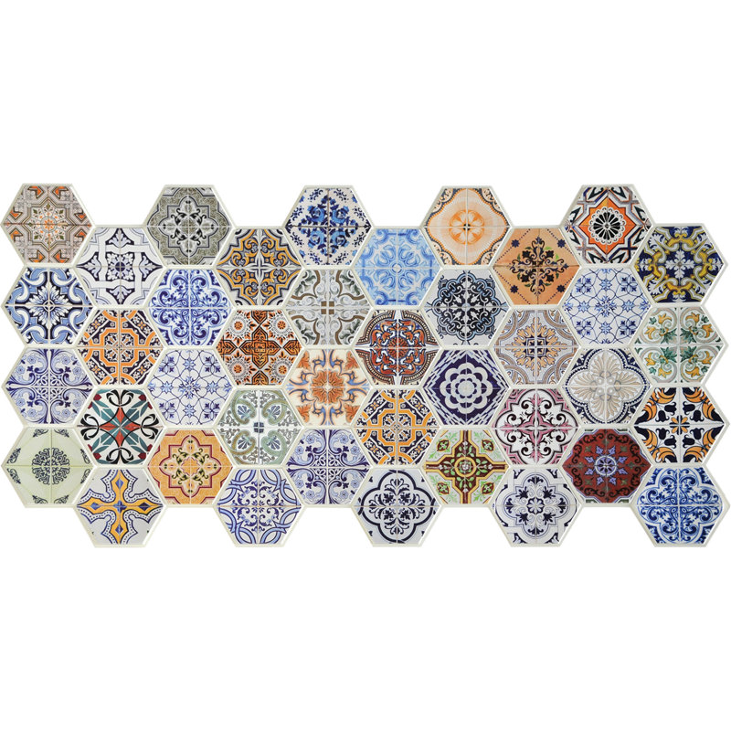 Falkirk Retro 3D Multicolor Faux Hexagon Patchwork Mosaic PVC 3D Wall Panel, Wall Panelling Decor, 3.2 Ft X 1.6 Ft, 5.12 Sq. Ft. Each, 5-Pack