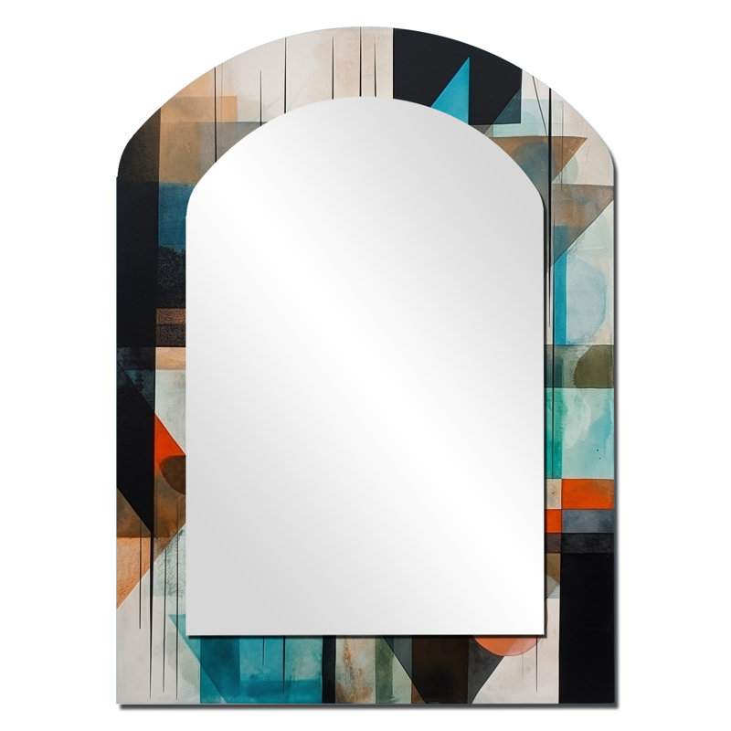 Orange Abstracted Geometric Explorations I - Geometric Asymmetrical Decorative Mirror, Orange Arch Wall Mirror, Printed Metal Art