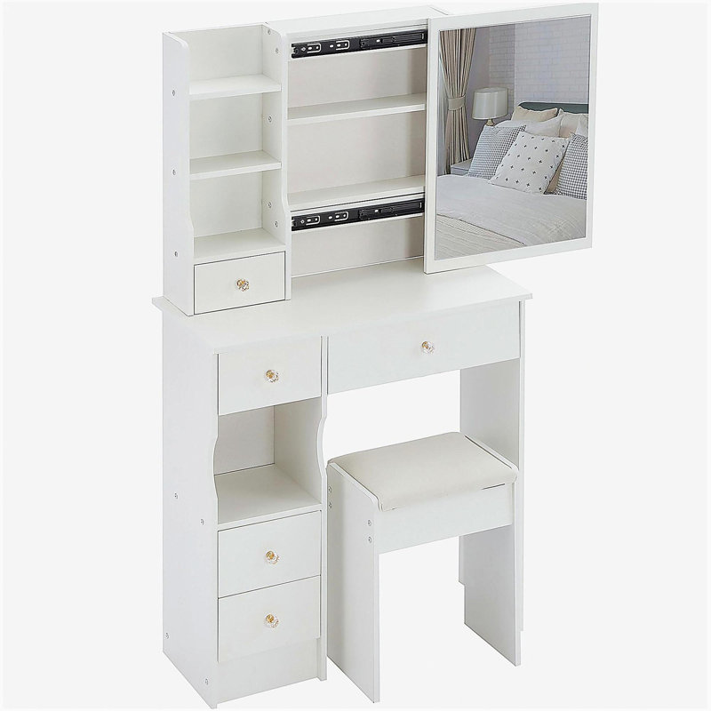 Petit meuble-lavabo de 29,2 po avec tiroir à gauche et tabouret rembourré, très grand miroir coulissant à droite, rangement multi-couches à grande capacité, commode pratique et pratique, convient aux petits espaces