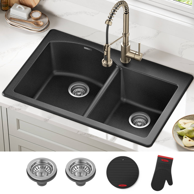 KRAUS Forteza™ 33" L Dual Mount 60/40 Double Bowl Granite Kitchen Sink, Black