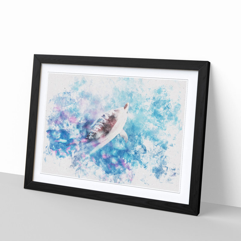 Swimming Dolphin - Picture Frame Graphic Art Print, 62cm H x 87cm W x 2cm D, Black Framed