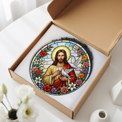 Jesus Doves Stained Glass Window Panel，12"H