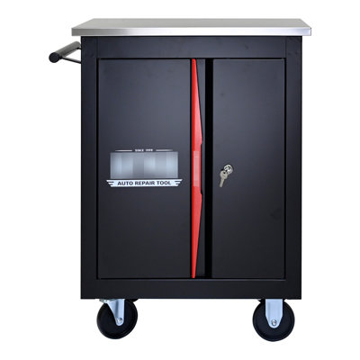 Powder Coated Steel Tool Storage With Pull Handle - Black&Red Robust Lock And Steering Wheels