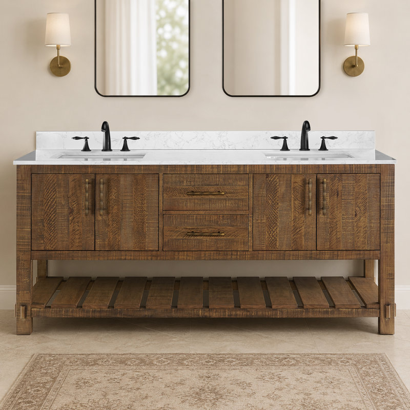 Meuble-lavabo 72 po avec lavabo Farmhouse, bois massif, 2 tiroirs, 4 portes à fermeture douce, tablette de rangement ouverte, comptoir et dosseret en marbre 0,79 po, brun rustique