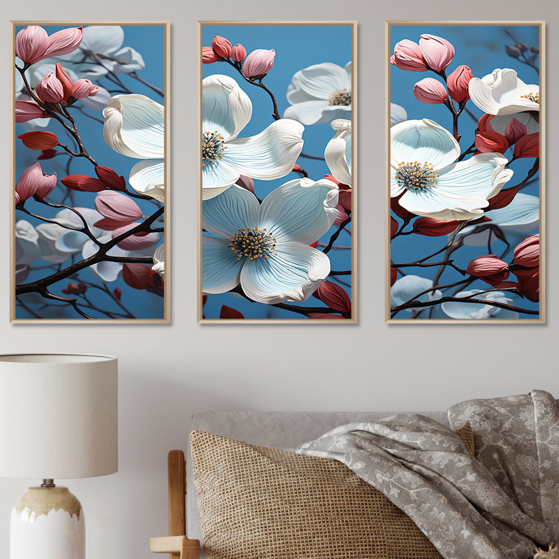 Blanc et rose cornouiller III - ensemble d'art mural cornouiller, H 28 po x l 36 po x P 1 po, Cadre naturel flottant