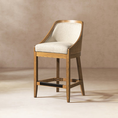 Charleston 27" Cane Performance Fabric Upholstered Oak Counter Stool, Taupe Beige Textured Weave