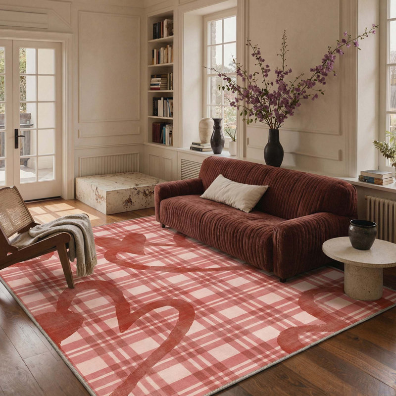 Preppyt Aesthetic Heart & Plaid  Machine Washable Red Indoor Area Rug with Non-Slip Backing, Rectangle 6' x 9'