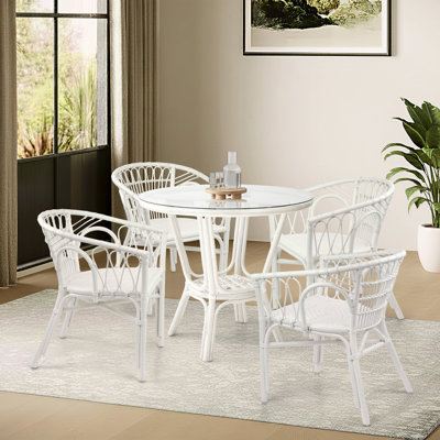 Ensemble de salle à manger d'intérieur en osier de rotin pour 2, table ronde ronde en verre de style tropical avec 2 chaises Nevada, mobilier de cuisine bohémien rétro, couleur blanche