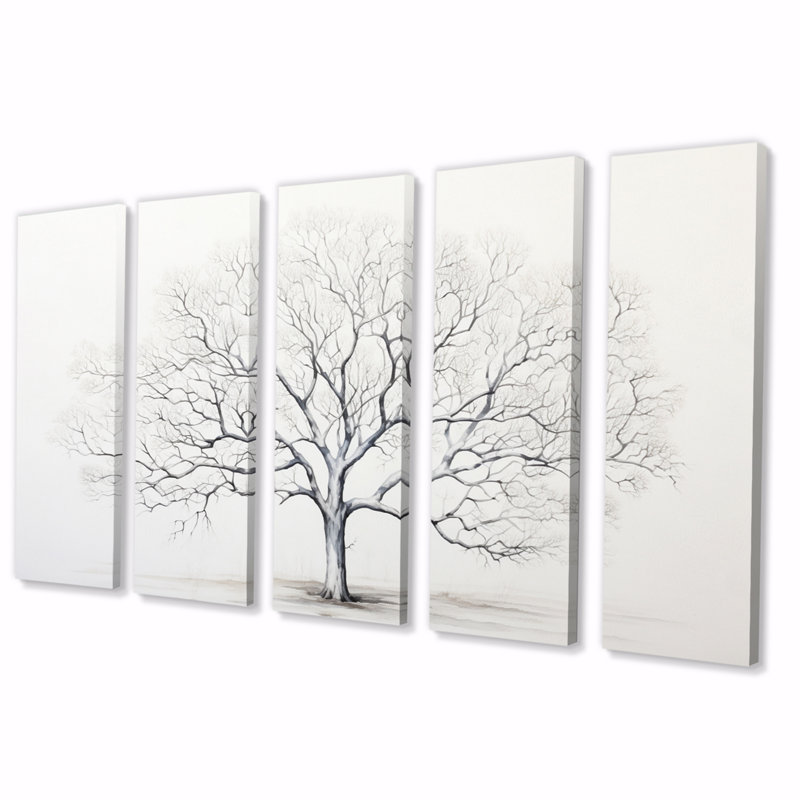 White Tree Monochrome Simplicity - Floral Wall Art Living Room - 5 Equal Panels