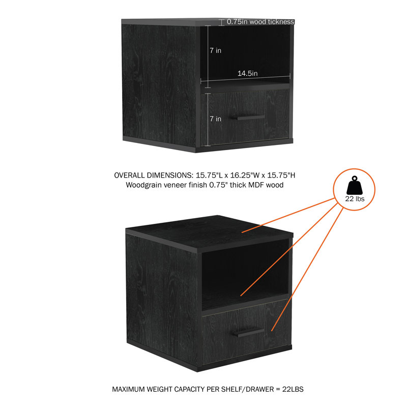 Stackable Side Table with Drawer, Black, Black