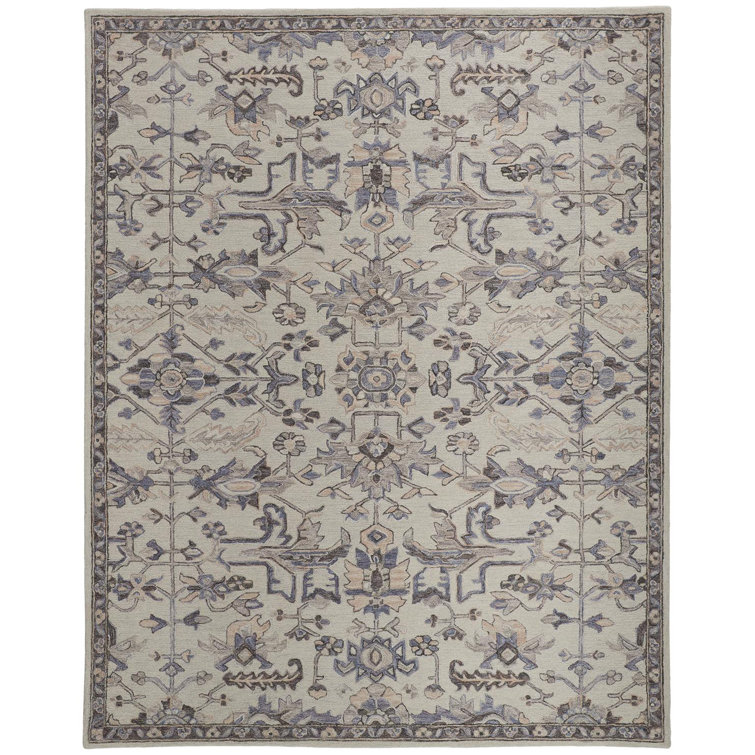 Tapis oriental rectangulaire en laine touffeté à la main ivoire / gris