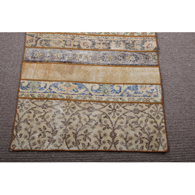 Vintage Turkish Patchwork Runner Rug in Beige for Stairs - Modern Minimalist Wool Design