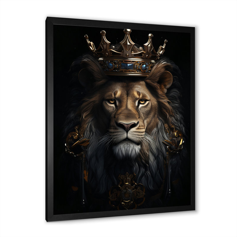 «Majestic Lion King with Golden Crown», reproduction sur toile, H 32 po x l 16 po x P 1 po, Cadre simple noir