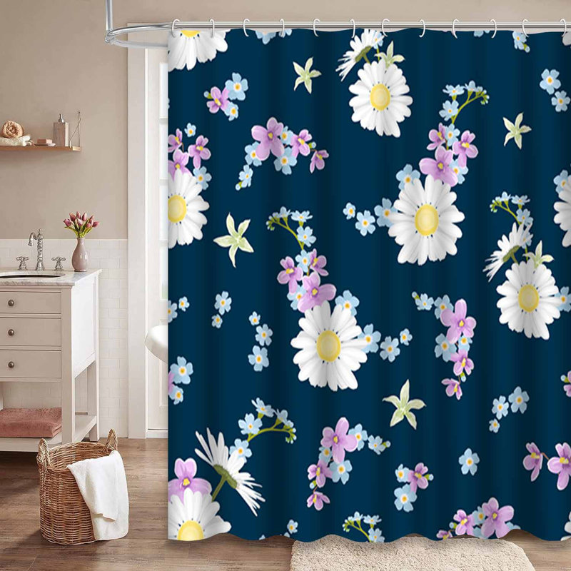 Rideau de douche printemps / été à motif botanique et bleu marine avec 12 crochets, L 72 po x l 84 po