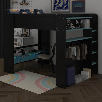 Full Size Gaming Loft Bed With Height-Adjustable Desk And Storage Drawers & RGB Lights, Wood Loft Bed With Hanging Rod