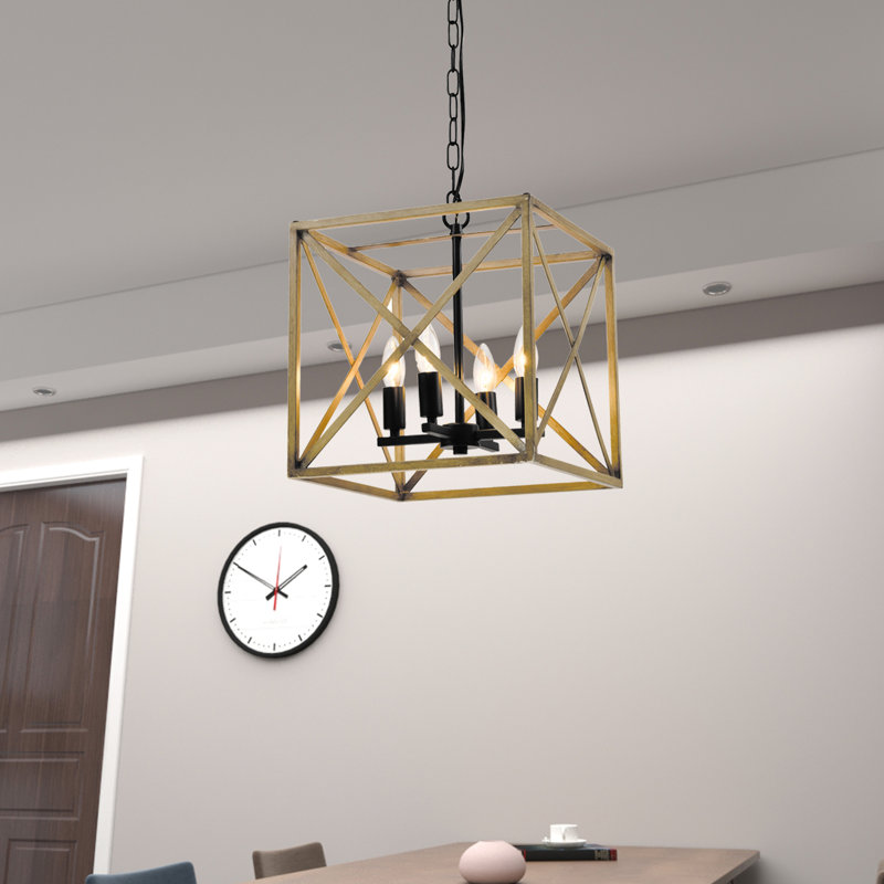 Lustre carré de style lanterne à 4 lumières, Bois clair / noir