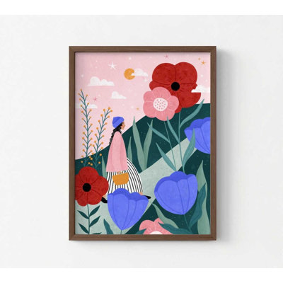 Art mural botanique, fille marchant parmi des fleurs (décoration de chambre de bébé ou de chambre de bébé)