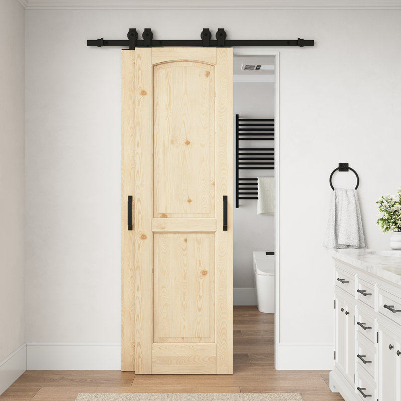 Porte intérieure en pin massif à deux panneaux cintrée de 40 po x 80 po avec ensemble de quincaillerie pour porte coulissante de style grange, idéale pour le salon ou le garde-manger.