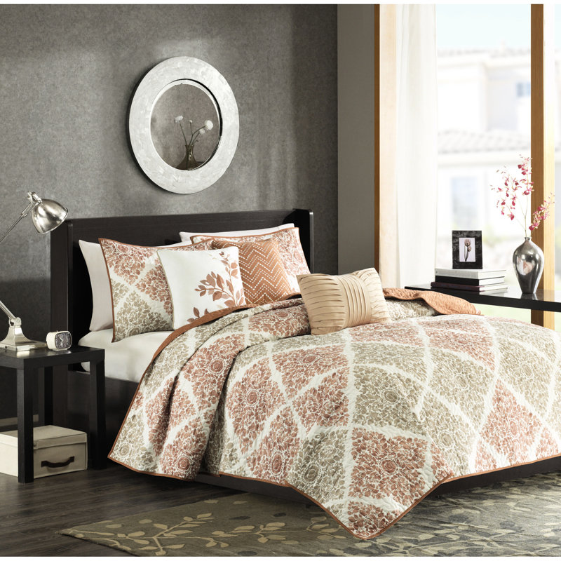 Courtepointe double / grand 6 pièces, style transitionnel avec imprimé de feuilles, motif de losanges, tissu en microfibre, revers brossé, plis et broderies décoratifs