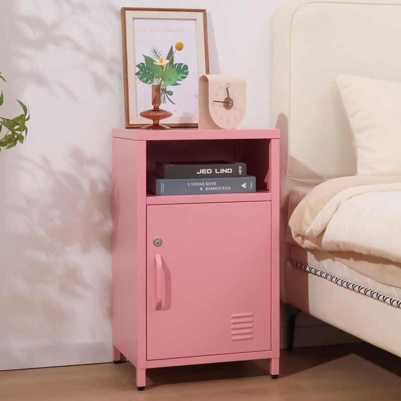 Katarra 26'' Tall Metal Nightstand Storage Cabinets With Lock, Pink