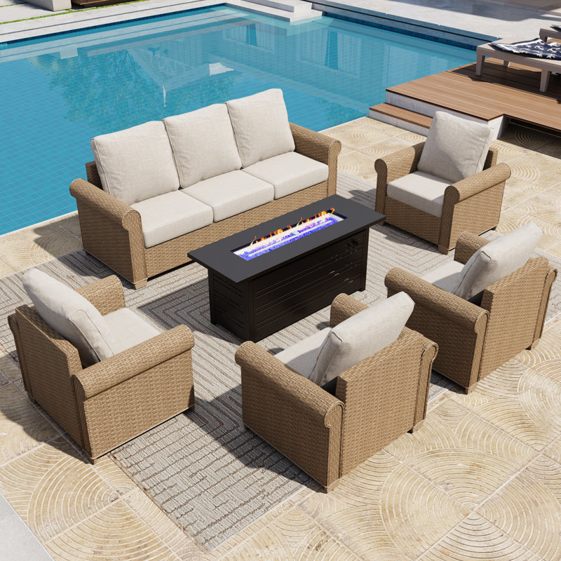 All-Weather Wicker 7 - Person Patio Conversation Sets with Firepit , Beige, No