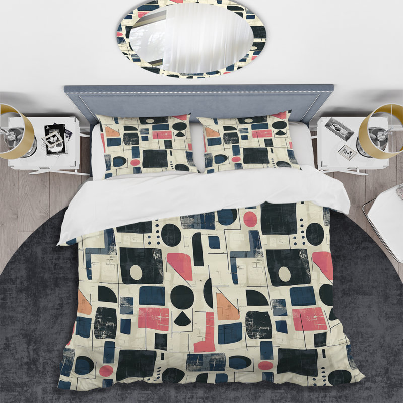 Ensemble de housse de couette à motif géométrique vert et rose Midcentury, Housse de couette très grand et 2 très grandes t