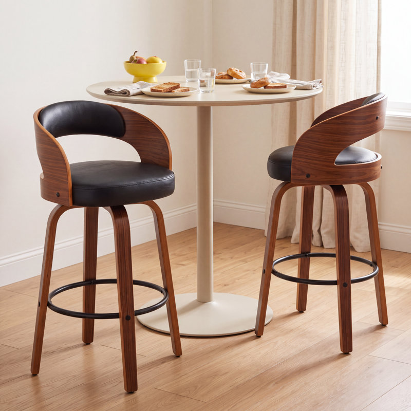 Tabouret de comptoir pivotant moderne de 26 po avec cadre en bois cintré, Noir, Counter Stool (26” Seat Height)