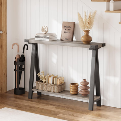 Console de style champêtre de 110 cm avec rangement – ​​Table d'entrée étroite et mince à 2 niveaux avec structure en métal durable et plateau en MDF pour salon, couloir, hall d'entrée, grise