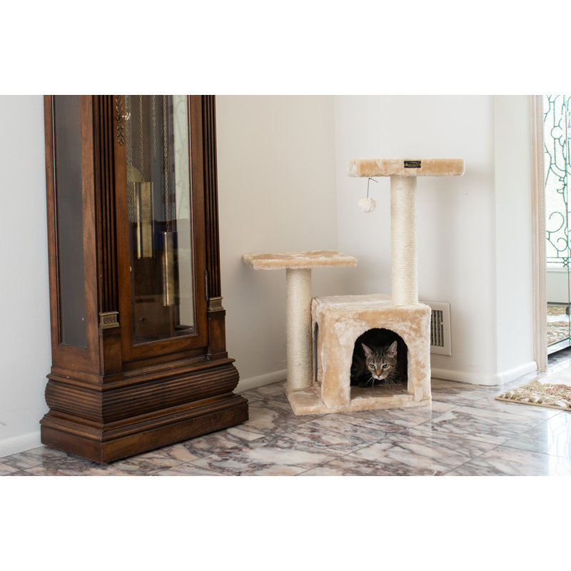Beige Sisal and Plush 32-Inch Cat Tree with Playhouse