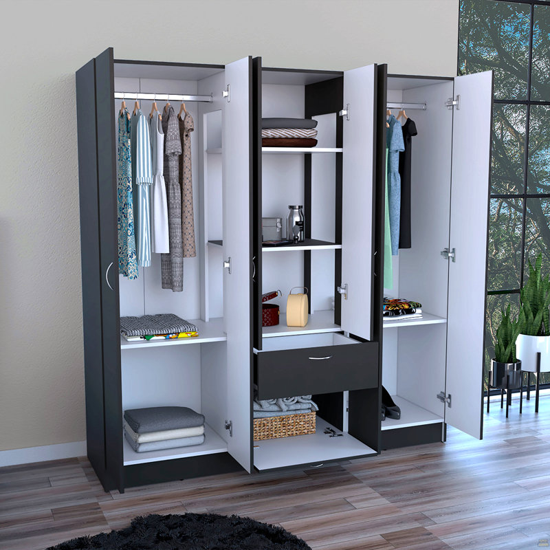 Armoire à six portes Mitu, sept tablettes intérieures, un tiroir, tringle noire / blanche