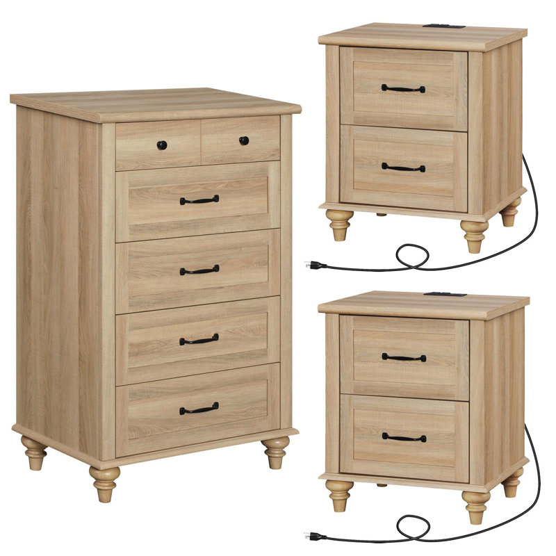 Ensemble de commode et table de chevet 3 pièces 3 pièces, chêne