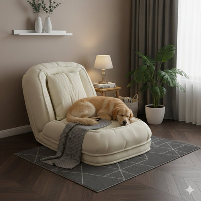 Canapé-lit rembourré convertible qui convient aux adultes et aux animaux de compagnie, avec une conception pliable avec 5 positions d'inclinaison réglables, comprend deux coussins moelleux, idéaux pour la chambre à coucher, le salon ou un coin lecture, fini en blanc cassé.
