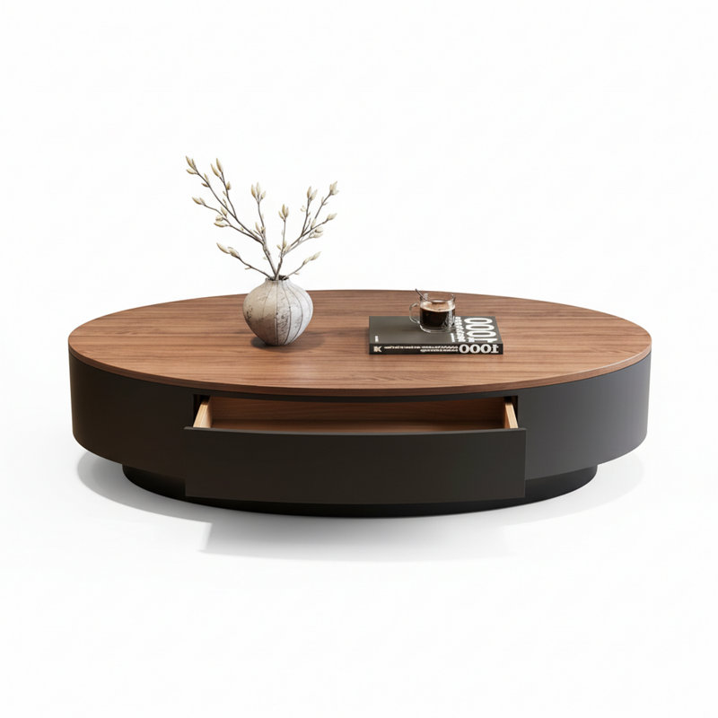 Table basse en noyer massif Mid-Century moderne avec tiroir de rangement en bois massif | Table basse ovale à profil bas | L 47,24 po x H 12,99 po