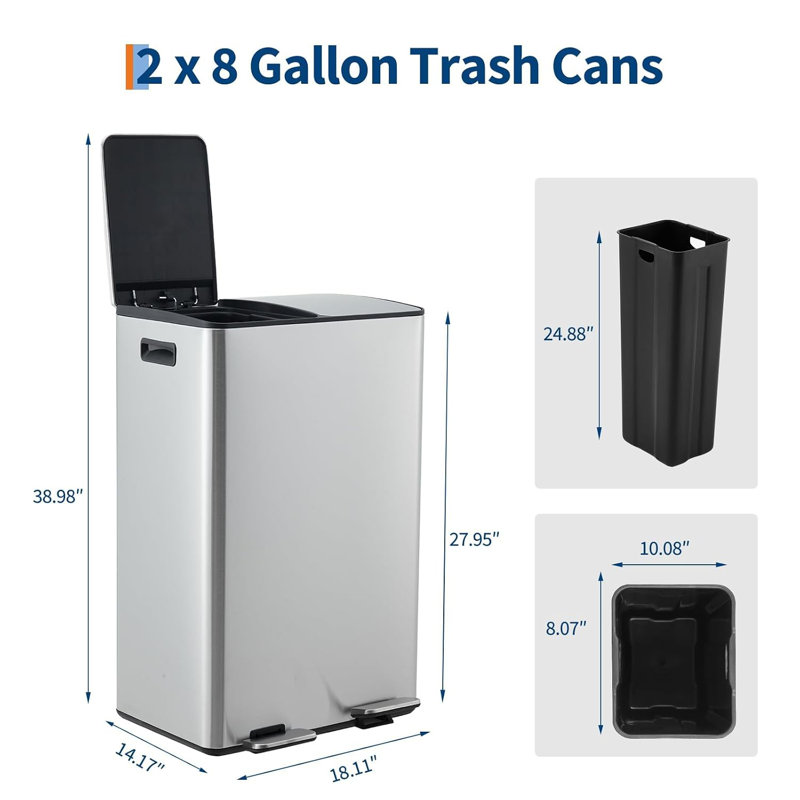 60L Stainless Steel Dual Compartment Pedal Trash Can for Kitchen